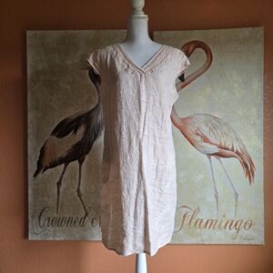 NWT Lina Tomei Linen Mini Dress Rose Blush Pink XL Embroidered Cap Sleeve Travel